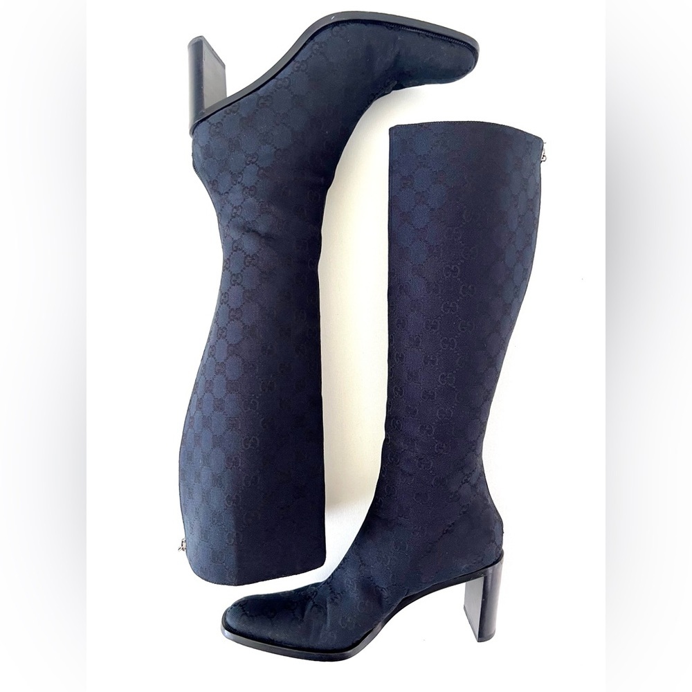 GUCCI || Vintage Y2K GG Monogram Canvas Square Toe Block Heel Knee High Boots - Picture 7 of 16